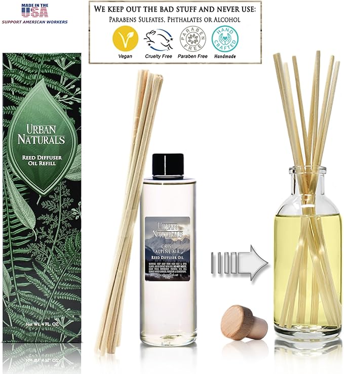 Urban Naturals Reed Diffuser Oil Refill, Crisp Alpine Air Diffuser Oils with Eucalyptus, Pine, Citrus, 4 oz + Free Reed Sticks, Made in The USA