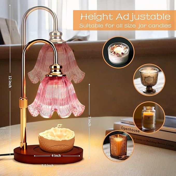 Electric Candle Warmer Lamp with Timer: Adjustable Height & Brightness, Wax Warmer for House Warming Gifts, New Home Room Decor,Birthday Gifts for Mom & Women (Pink)