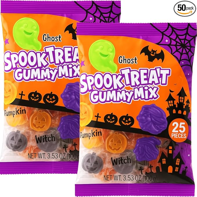 Halloween Spooky Treat Gummy Candy Mix 50 Pcs Individually Wrapped Fruit Flavored Candies - Trick or Treat Party Favor (25 Pcs Per Bag(3.53 oz) - 2 Bags