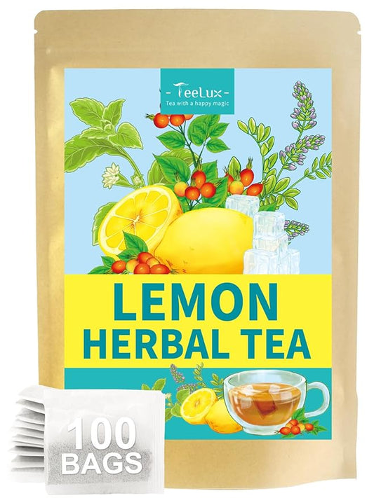 TeeLux Lemon Herbal Tea, Caffeine Free Tea with Lemon, Rosehips, Stevia, Licorice, Tangy & Refreshing Taste, 100 Count