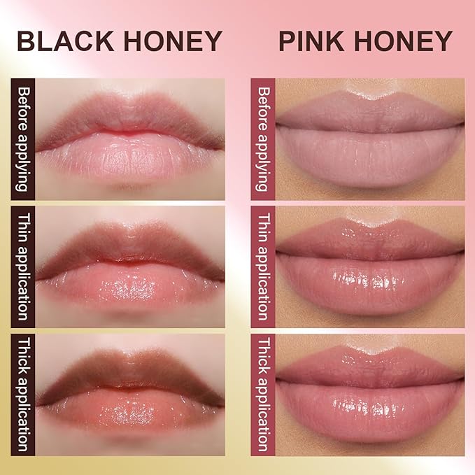2Pcs Honey Noir Black Honey Lip Gloss, Deep Moisturizing Tinted Lip Balm, Nourishing honey Noir Lipstick, Black and Pink Lipgloss, Hydrating lipgloss for All Skin Tones