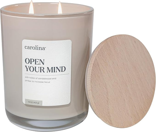 Carolina Open Your Mind Scented Candle, 16 oz Sandalwood & Amber Scented, 2 Wick Wellness Relaxing Candle, 60H Burn Time, Ideal for Creating a Welcoming Home - Made in The USA