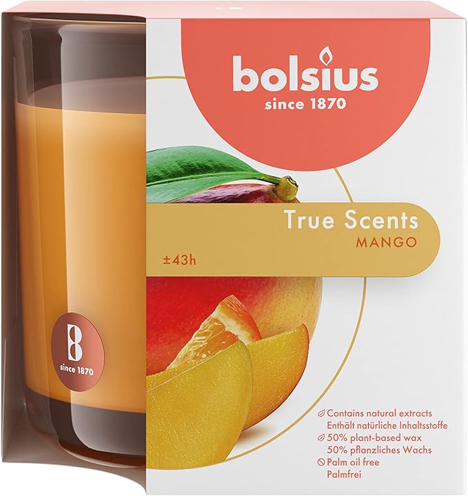 Bolsius Premium Mango Scented Candle - Long-Lasting Candle Jar, 43+ Hours Burning Time - Natural Mango Candle with Plant-Based Wax- Smokeless. Clean-Burning Aromatherapy Candle - Large, 8oz Jar