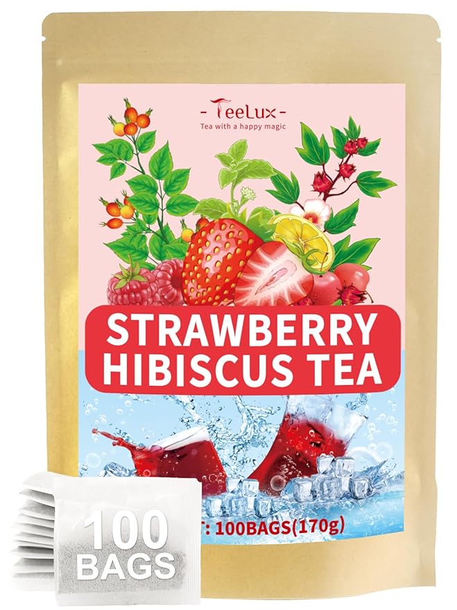 TeeLux Strawberry Hibiscus Iced Tea, Natural Hibiscus Tea with Stevia and Rosehip, Tangy & Sweet Flavor, Caffeine Free, 100 Count
