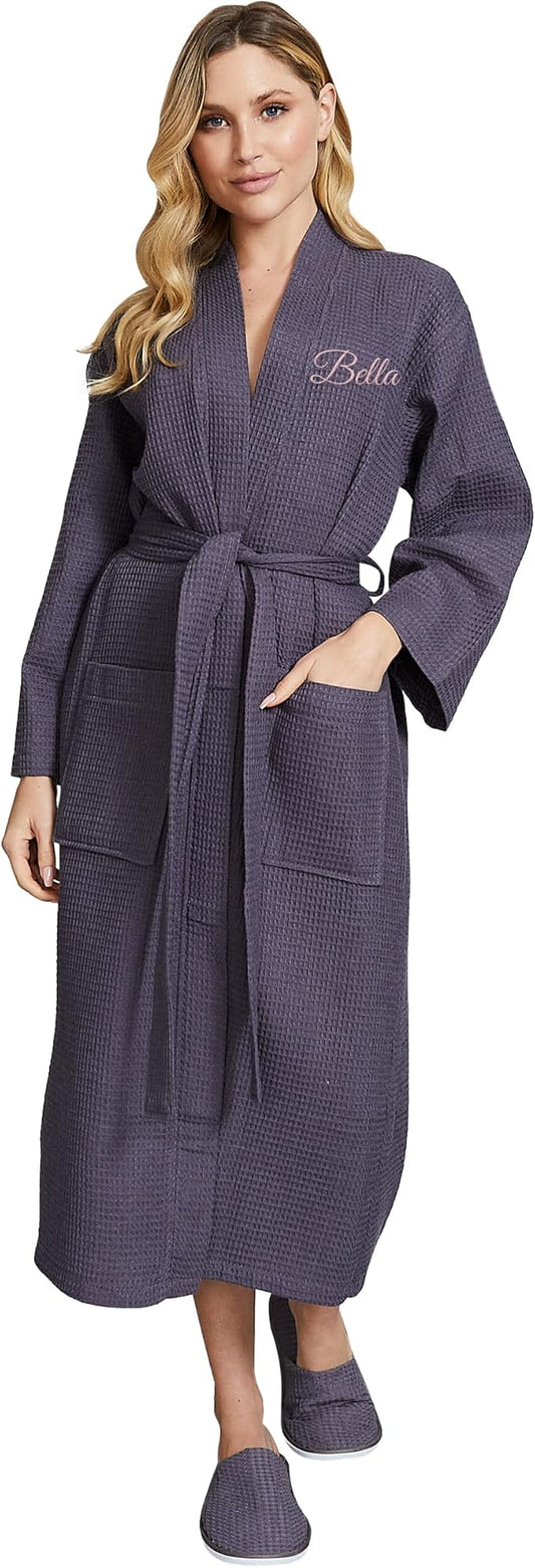 Lotus Linen Waffle Robes for Women - Lightweight Cotton Kimono Bathrobe - Long Soft Spa Bath Robe