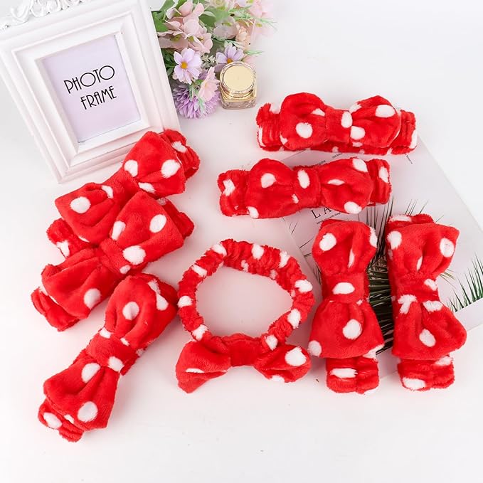 Casoty 8 Pcs Red Spa Headbands, Microfiber Headbands, Soft Coral Fleece Headbands for Makeup, Bow Hair Band for Face Washing Shower Skin Care Yoga