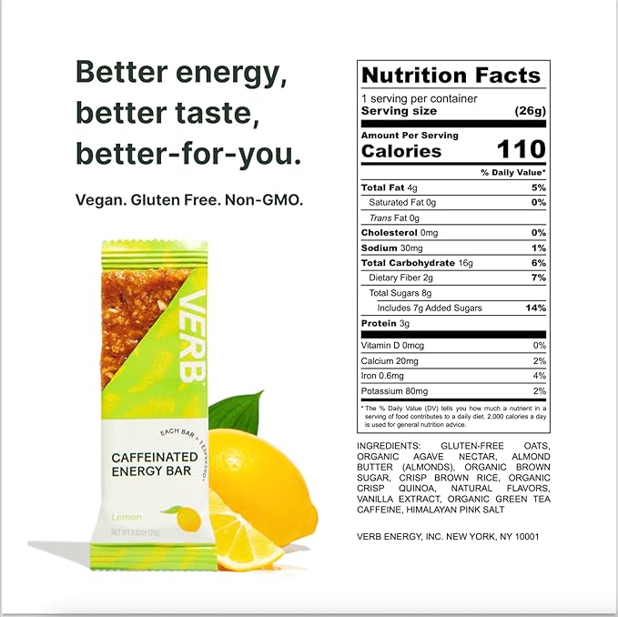 Verb Caffeinated Energy Bars Lemon (26g, Pack of 16) 110-Calorie Delicious Low Sugar Energy Bar - Vegan Gluten Free On-the Go Snack with 80mg Green Tea Caffeine, Only Real-Food Ingredients