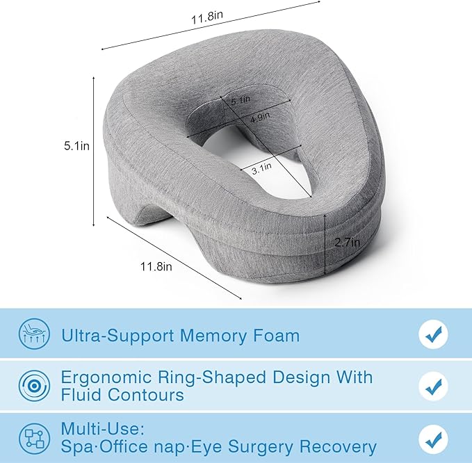 Face Down Pillow for Bed, Massage Headrest Face Pillow After Eye Surgery, Memory Post-Eye Recovery or Beach Tanning, Prone Sleepers with Breathable Design, Removable Grey Cover(Light Gray)