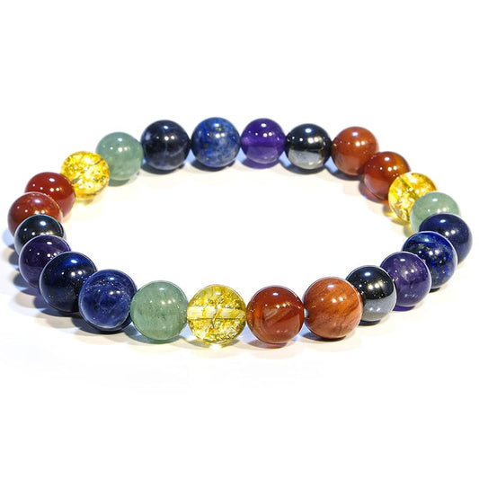 7 Chakra Bracelet, Natural Healing Crystal Bracelet for Women and Men, 8mm Round Beaded Bracelet for Spiritual Healing, Protection, Positive Energy, Elastic Adjustable Size Gemstone Bead Bracelet