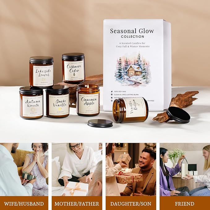 Fall Candles Set - 6 Pack Candles for Home Scented, Fall Scented Candles for Autumn Gift Home Decoration, Natural Non Toxic Soy Candle Gifts for Women, Cinnamon Apple/Autumn Wreath