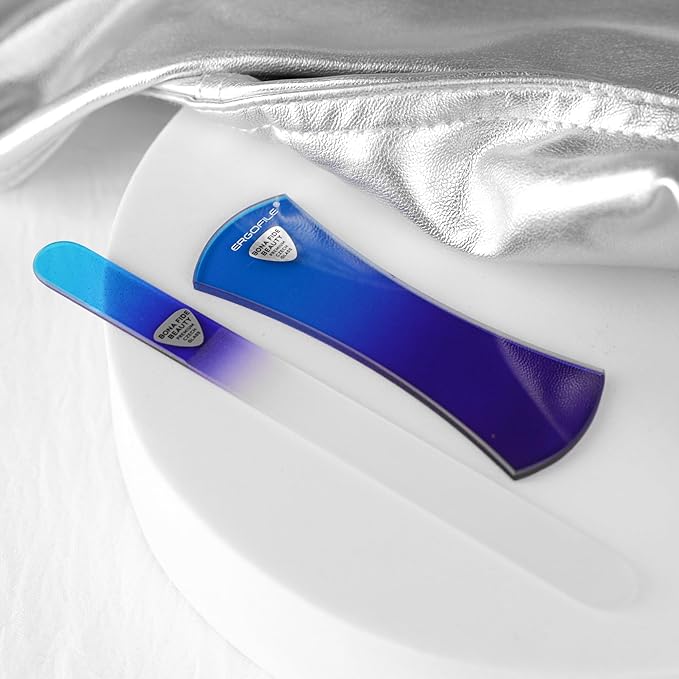 BONA Fide Beauty Glass Nail File Manicure Set, 2-Pieces Blue Ergonomic Comfort Grip Bow Ergofile for Gentle & Efficient Filing, Nail Care Tools Genuine Czech Glass