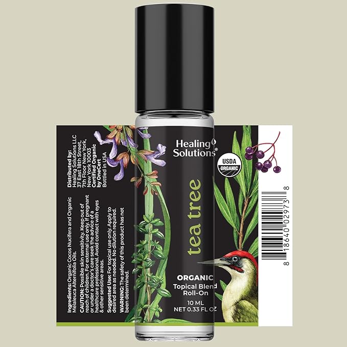 Healing Solutions (2 Pack) USDA Certified Organic Tea Tree Essential Oil Roll-On for Sleep & Skin - Body Oil Topical Applicator