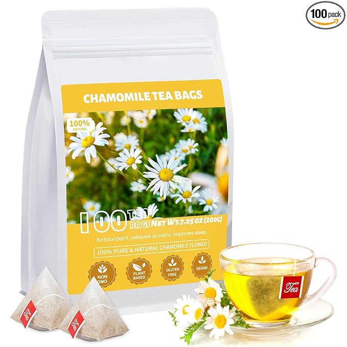 Chamomile Tea Bags, 100% Natural Dried Chamomile Tea Flowers Loose Leaf Premium Herbal Tea No Sugar/Gluten, Caffeine Free-100 Count (Pack of 1)