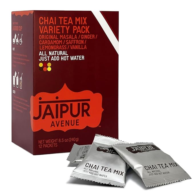 Jaipur Avenue Variety Chai Tea Mix Crafted with All-Natural Assam Black Tea, Cardamom, Cane Sugar, and Premium Dry Milk - Preservative-Free, Gluten-Free, Authentic Indian Chai Tea Latte - (12 Count)