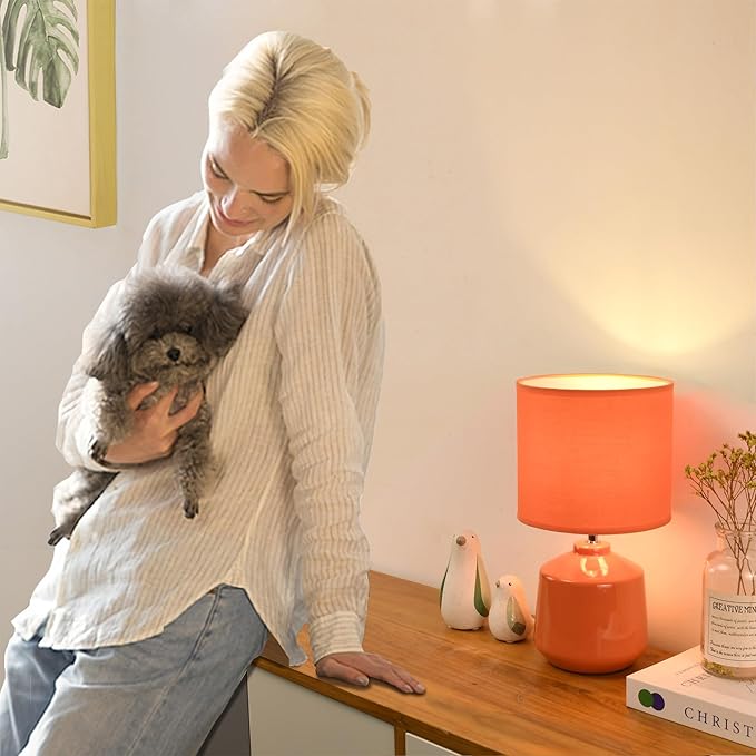 Lampwell Lena Small Modern Ceramic Table Lamp, Kids Night Table Lamp, 7.09H12.99IN, Bulb Excluded, Orange