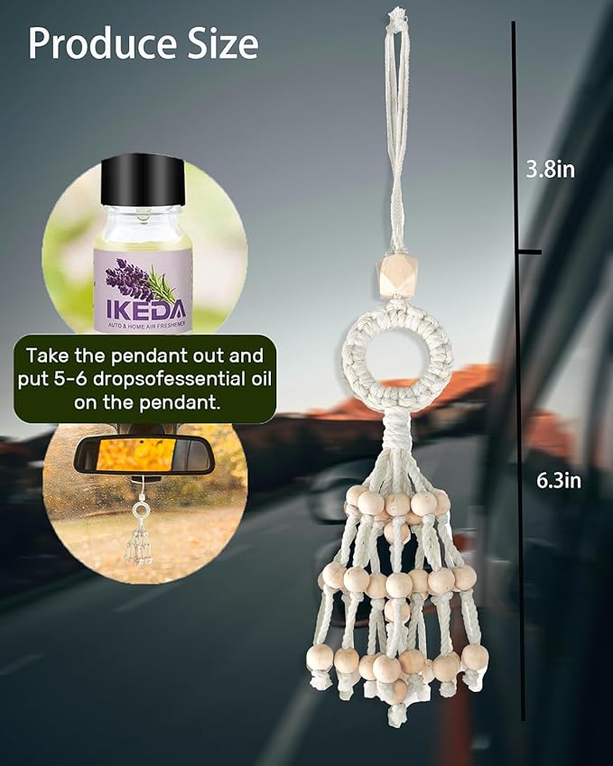 Air Freshener for Car, Lavender Scent Woven Aromatherapy Charm Diffuser with 10ml Essential Oil, Tassel Car Mirror Hanging Decoration,Pendant for Women Men Home Bathroom