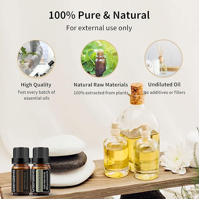 GREENSLEEVES Sandalwood Frankincense Essential Oil Set, 2 x 10ml Pure Plant-Based Fragrance Oil for Aromatherapy, Essential Oils for Diffuser, Massage, Bath Bomb, Scented Candle Soap Making