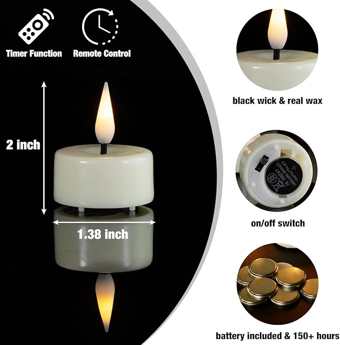 Eywamage Ivory Flameless Wax Tealights with Remote Batteries, Flickering Realistic LED Tea Votive Candles Set of 10