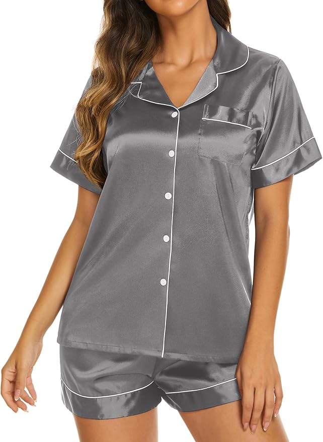 Ekouaer Silk Pajamas for Women Short Sleeve Sleepwear Soft Button Down Loungewear 2 Piece Satin Pjs Shorts Set S-XXL