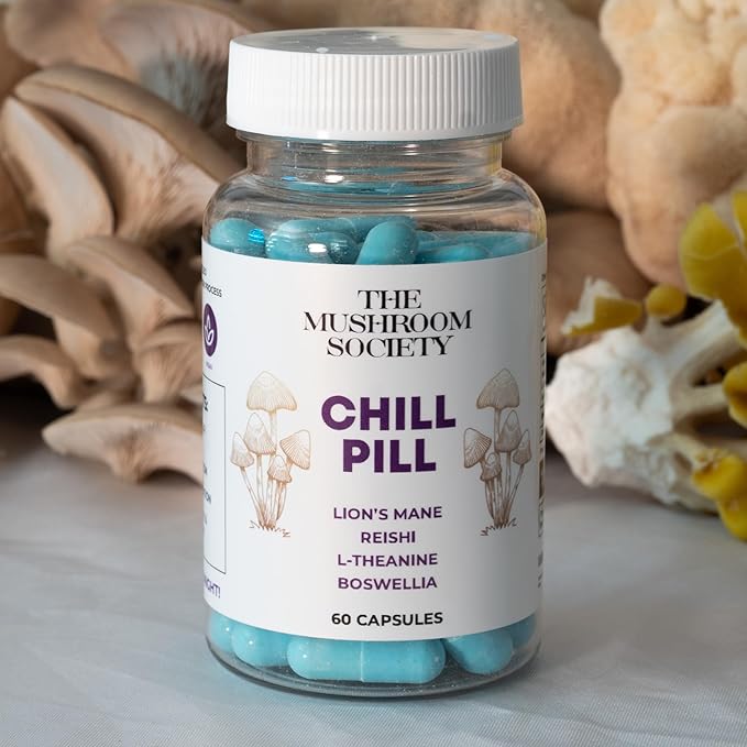 Chill Pill Supplement - Lion’s Mane, Reishi, L-Theanine, Boswellia & Beta-Glucans - Relax, Recover & Recharge - 60 Vegan Capsules