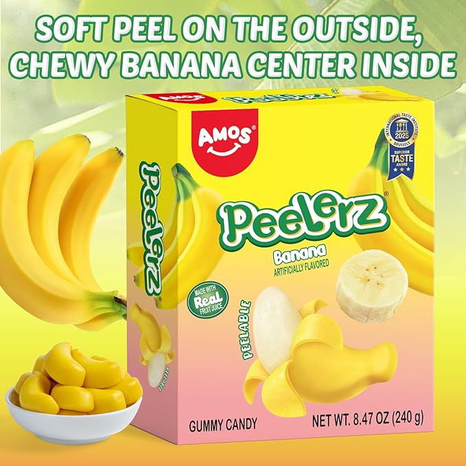 AMOS Peelerz Banana Gummy Candy, Peelable Fruit-Shaped Candy, 8.47oz Box with 10 Individual Packs – Fun Peeling Gummy Snack Made with Real Juice