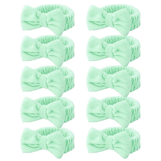 10 Pcs Green Face Wash Headbands, Spa Gifts for Women Girls, Soft Coral Fleece Skincare Headband, Bow Hair Bands, Spa Headbands for Face Washing Shower Skin Care Yoga