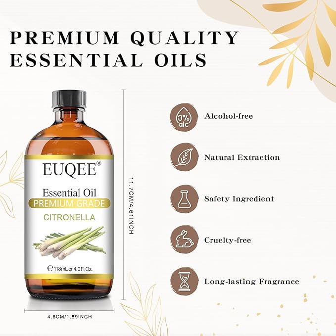 EUQEE Citronella Essential Oil, 118ml Large Gift Box Pure Citronella Oil with Glass Dropper for Candle Making, Diffuser, Humidifier - 4 fl oz.