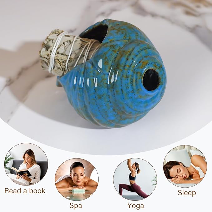 Blue Conch Chiminea Palo Santo Burner - Ceramic Smudging Bowl、Incense Chimney,Works with Sage、Incense Cones,Energy Cleansing-Thoughtful Gifts for Meditation, Altar,Spa,Yoga, Aromatherapy