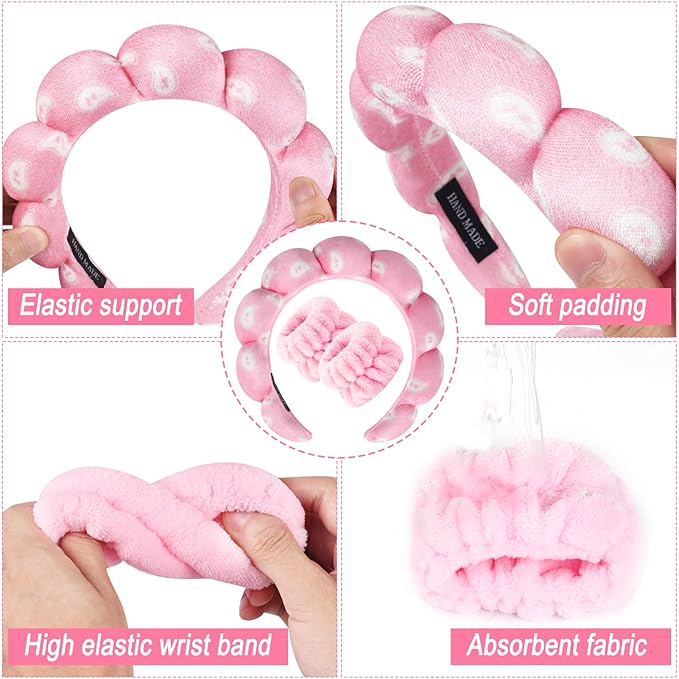 Zkptops Spa Headband for Washing Face Wristband Set Sponge Makeup Skincare Velvet Fabric Bubble Soft Get Ready Hairbands for Women Puffy Headwear Non Slip Thick Thin Hair Accessory (Pink Nuts)