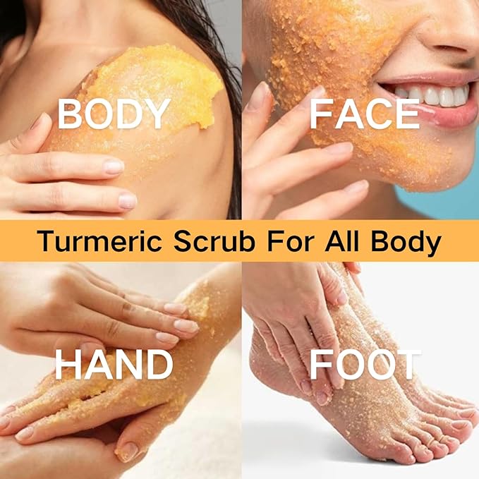 Turmeric Body Scrub Exfoliator with Loofah – Exfoliating Body Scrub for Face, Foot, Bikini Zone & Dead Skin Removal, Deep Cleansing Foot Scrub with Vitamin C for Smooth Skin, Acne Skin