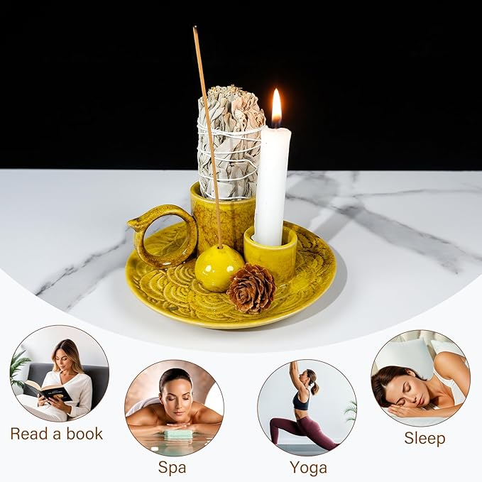 5.1-Inch 5-in-1 Yellow Ceramic Incense Holder - Fits Palo Santo, Sage, Incense Sticks/Cones, Small Candle, Smudge Burning Tray.Zen Altar for Meditation/Yoga, Aromatic Scents, Matches Friendly