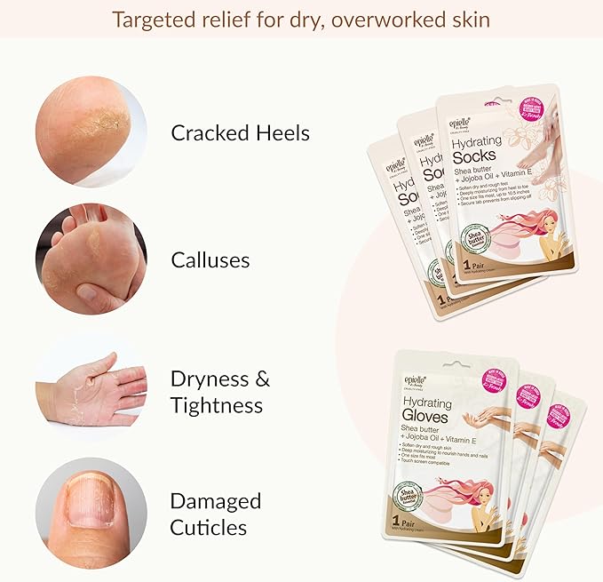 Epielle Hydrating Hand & Foot Masks 12 Pairs, Deep Moisturizing Socks & Gloves, Soften Dry Hands & Cracked Heels with Shea Butter & Jojoba Oil, Korean Skin Care, Foot Spa, Self Care Gifts for Women