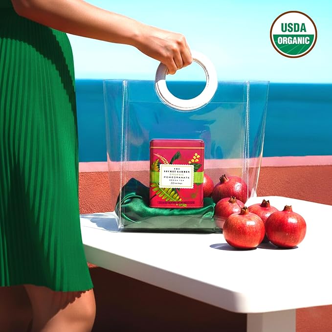 Life Plus Style Gourmet The Secret Garden Organic Pomegranate Green Tea Natural Caffeinated Herbal Leaf 50 Tea Bags Gift Tin USDA Certified Non-GMO Sugar Free Antioxidant Rich Green Tea