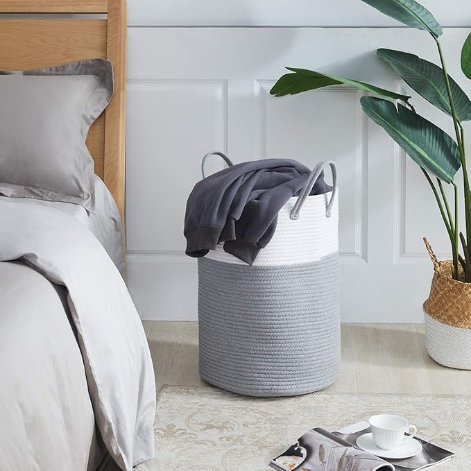 Cotton Rope Laundry Hamper by YOUDENOVA, 58L - Woven Collapsible Laundry Basket - Clothes Storage Basket for Blankets, Laundry Room Organizing, Bedroom Storage, Clothes Hamper – Grey