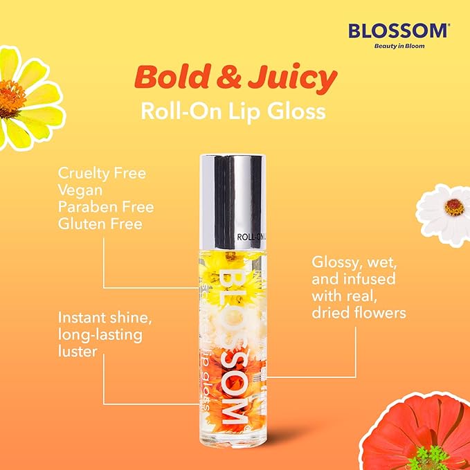 Blossom Roll on Lip Gloss, Gourmand Scented Clear High Shine Moisturizing Lip Oil, Non Sticky, Infused with Real Flowers, Made in USA, 0.2oz, Chocolate Truffle