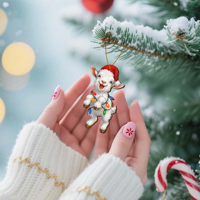 2 Side Printed Flat Christmas Wooden Ornaments, Animal Keepsake Hanging Tree Decoration, Cute Goat Ornament