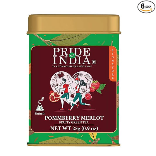 Pride of India | PACK of 6 - PommBerry Merlot Fruity Green Tea | 15 Pyramid Full Leaf Individually Wrapped Tea Bags | Tangy & Fruity Flavor | Vibrant & Uplifting Experience | Caffeine Free
