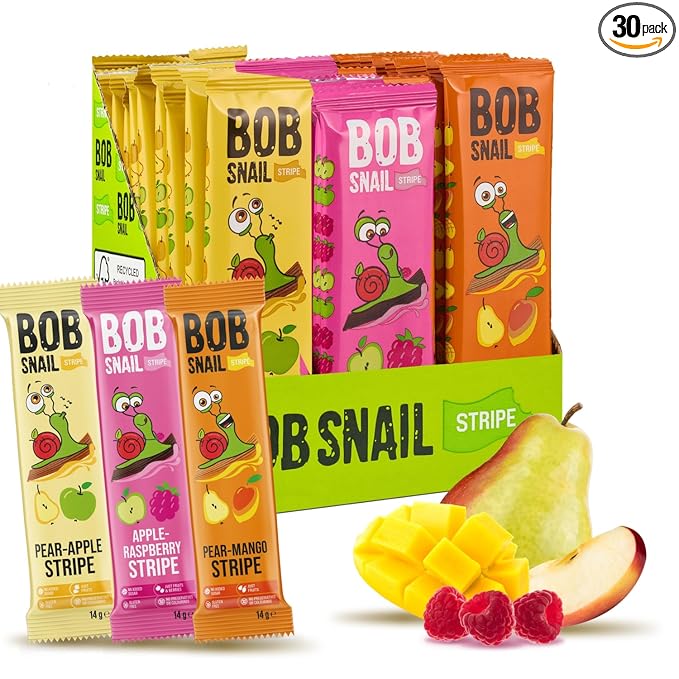 BOB SNAIL Healthy Organic Fruit Snacks for Kids and Adults – 30 Organic Fruit Leather Snacks with Pear-Apple, Raspberry, Mango – Vegan Low-Carb Variety Pack Strips for Kids – Sugar Free Jerky Bars