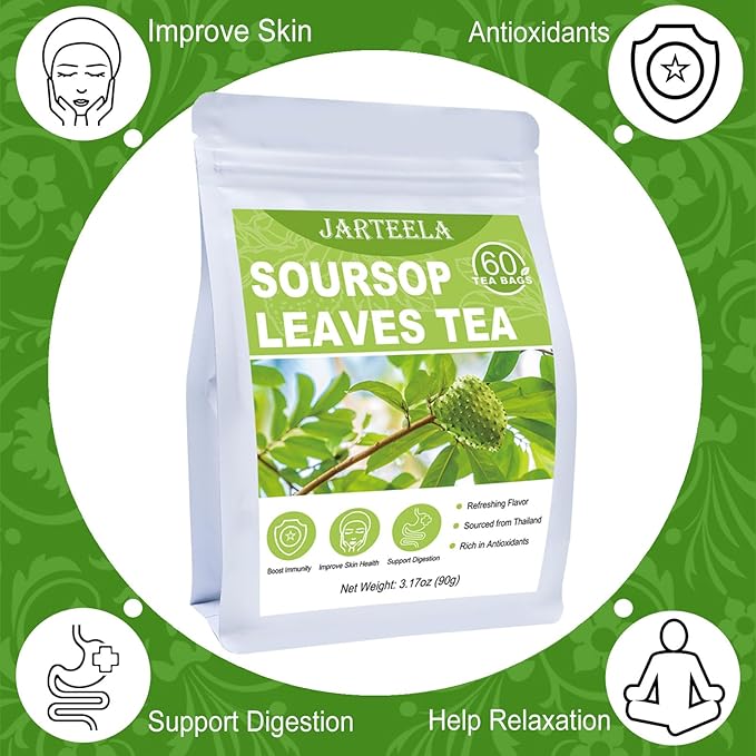 Jarteela - Soursop Tea Bag, 1.5g x 60 Count - Pure Graviola Tea - Natural Soursop Leaves Herbal Tea Bags - Non-GMO - Caffeine-free Tea - Support Digestive & Healthy Skin
