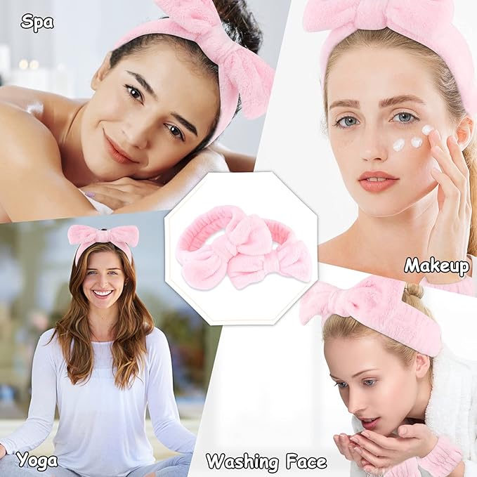 Casoty 8 Pcs Pink Spa Headbands, Soft Coral Fleece Hair Bow Headband for Washing Face, Makeup, Skincare, Yoga, Hair Accessory for Women, Girls, Adults, Gift