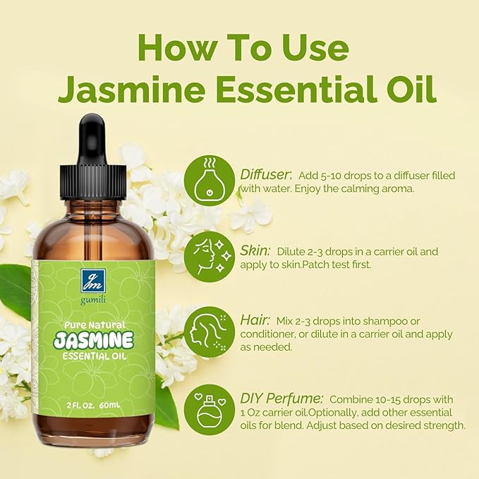 Jasmine Essential Oil 2 Oz, 100% Pure Jasmine Oil for Diffuser, Skin, Hair, Body & Face, Perfume, Floral Scent for Relaxation, Aromatherapy & Massage