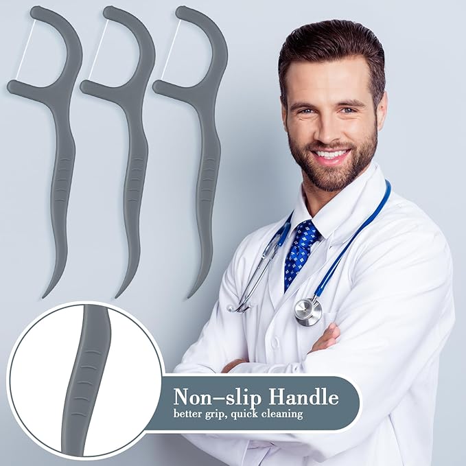 Baderke 200 Count Floss Picks Bulk Non Breakable Tooth Picks Flosser Dental Floss Sticks for Adults Teeth Cleaning Dental Flossers for Family Pack Travel(Grey)