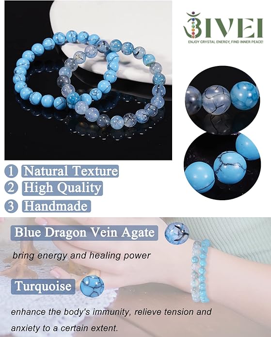 Bivei Natural Gemstone Semi Precious Healing Crystals Handmade Stretchy Round Beads Bracelet, Enhance Positive Energy