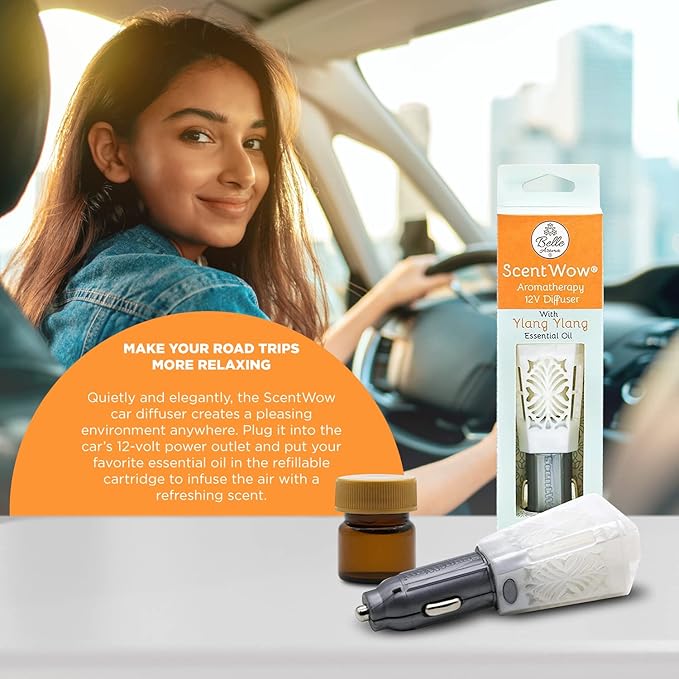 Belle Aroma ScentWow Aromatherapy - Ylang Ylang Car Diffuser for Essential Oils – Portable 12V Plug-In Mini Diffuser – Compact Travel Humidifier for Car, Truck & Small Spaces – White & Gray