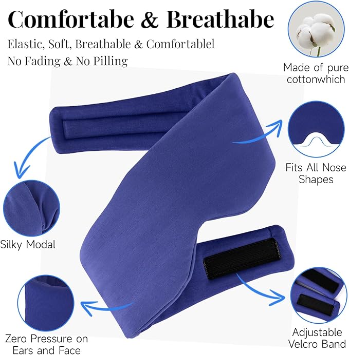Cotton Sleep Eye Mask for Women Men, 100% Blocking Light Eye Mask Sleeping for Side Sleeper, Soft Zero Pressure Cooling Blackout Eye Covers for Sleeping, Sleep Mask fits All Heads Adjustable（Blue）