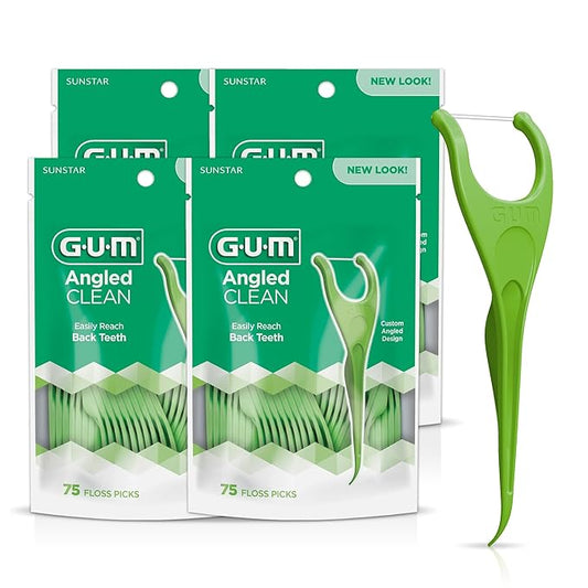 GUM Angled Floss Picks, Perfect for Tight Teeth, Extra Strong Shred-Resistant Dental Floss, Angled for Easy Reach, Dental Flossers for Adults, Fresh Mint Flavor, 75 Count (Pack of 4)