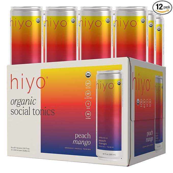 Hiyo Organic Social Tonic - Peach Mango, 12 Pack - N.A. Functional Seltzer, Sparkling Water Crafted with Organic Adaptogens, Nootropics & Botanicals