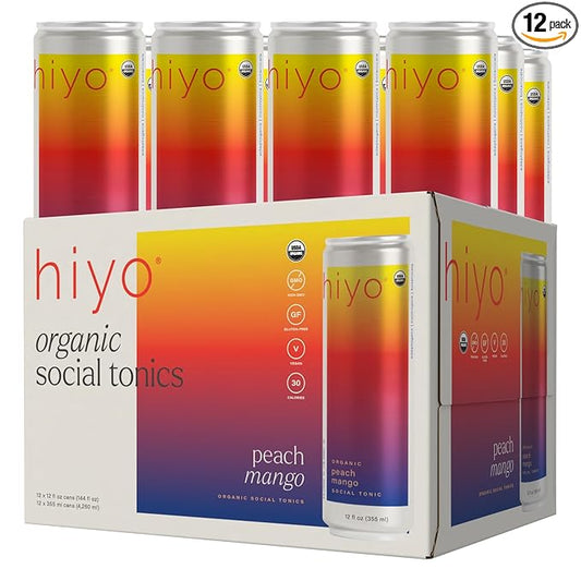 Hiyo Organic Social Tonic - Peach Mango, 12 Pack - N.A. Functional Seltzer, Sparkling Water Crafted with Organic Adaptogens, Nootropics & Botanicals