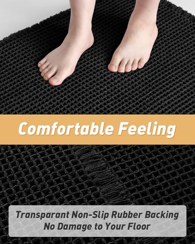 AMOAMI Upgraded Waffle Runner Rug Super Absorbent Non Slip Bath Mats for Bathroom Machine Washable Bathroom Runner Rug with Tassels, Ideal for Hallway Bedroom Laundry Room, 17" x 60", Black