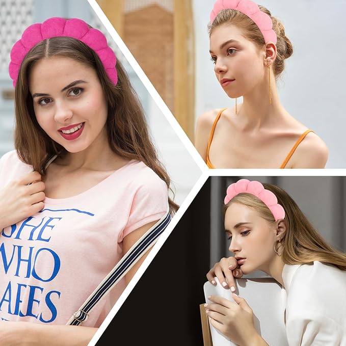 AMCAMI Puffy Spa Headband for Women Sponge Headbands for Girls 2 PCS Terry Towel Cloth Fabric Head Band for Skincare,Makeup Removal,Face Washing,Facial Mask,Shower,Hair Accessories（Red&Light Pink）